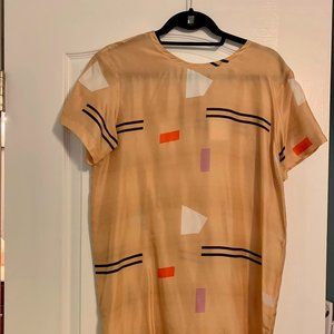 Nanushka Beige Geometric Short Sleeve Dress with Black Stripe Accents